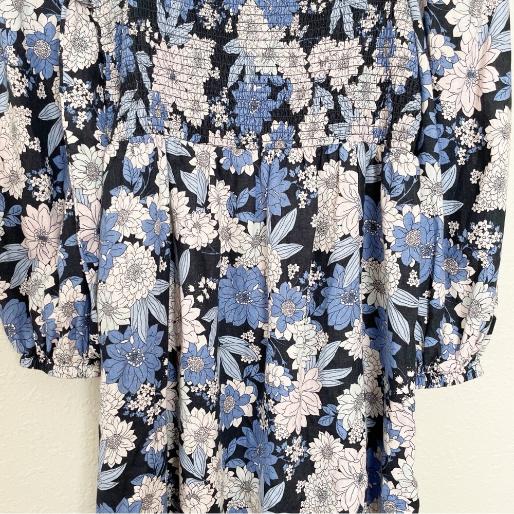 J Crew blue linen daydream zinnia floral smocked 3/4 sleeve dress L Tall - Picture 5 of 15